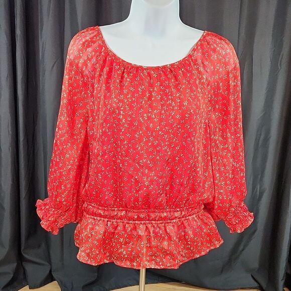 🔹️Lush Red Floral & Metallic Gold Print Blouse Small - Picture 1 of 14